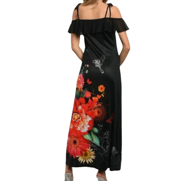 TWELFTH LOVE Maxi Dress Black Floral Off-Shoulder - Picture 4 of 9